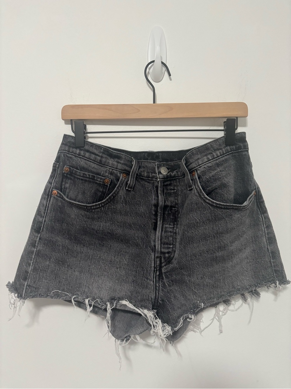 Levi’s 501s washed black denim high waisted shorts